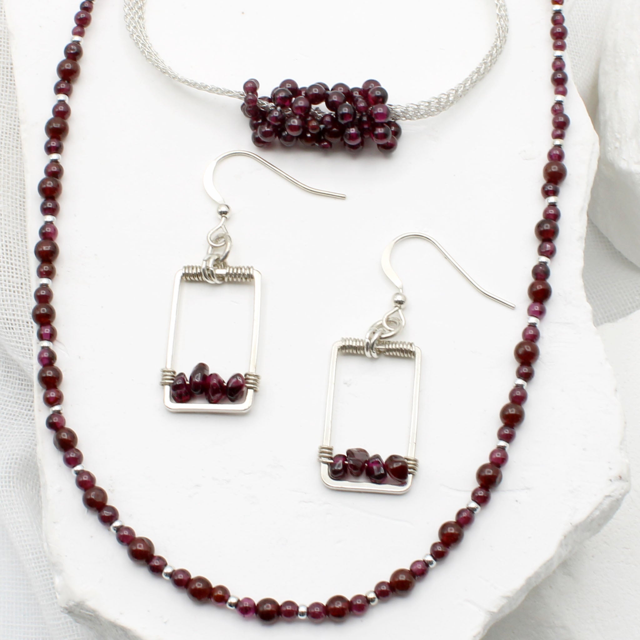 Garnet Necklace, Earrings and Bracelet Handmade