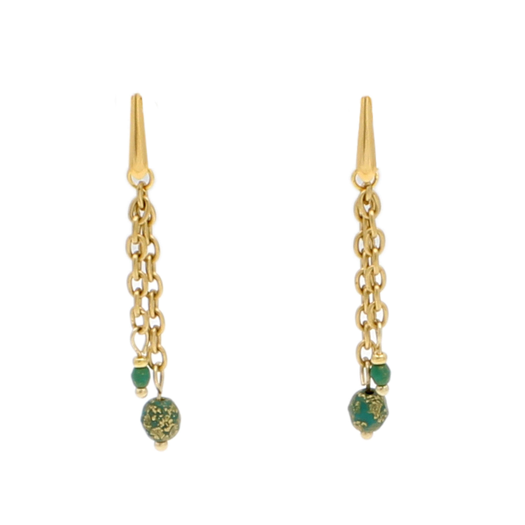 Gold and Green Double Chain Earrings