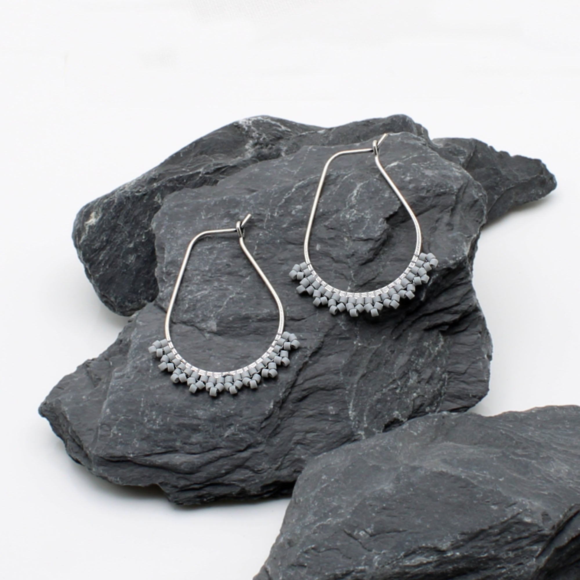 Handmade Grey and Silver Hoop Earrings