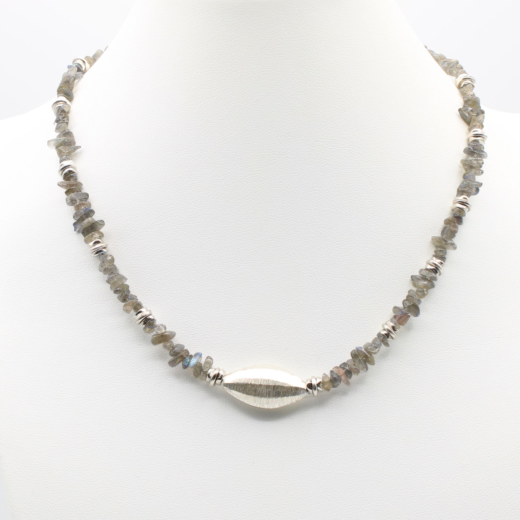 Labradorite Chip Necklace with fine silver faceted focal.