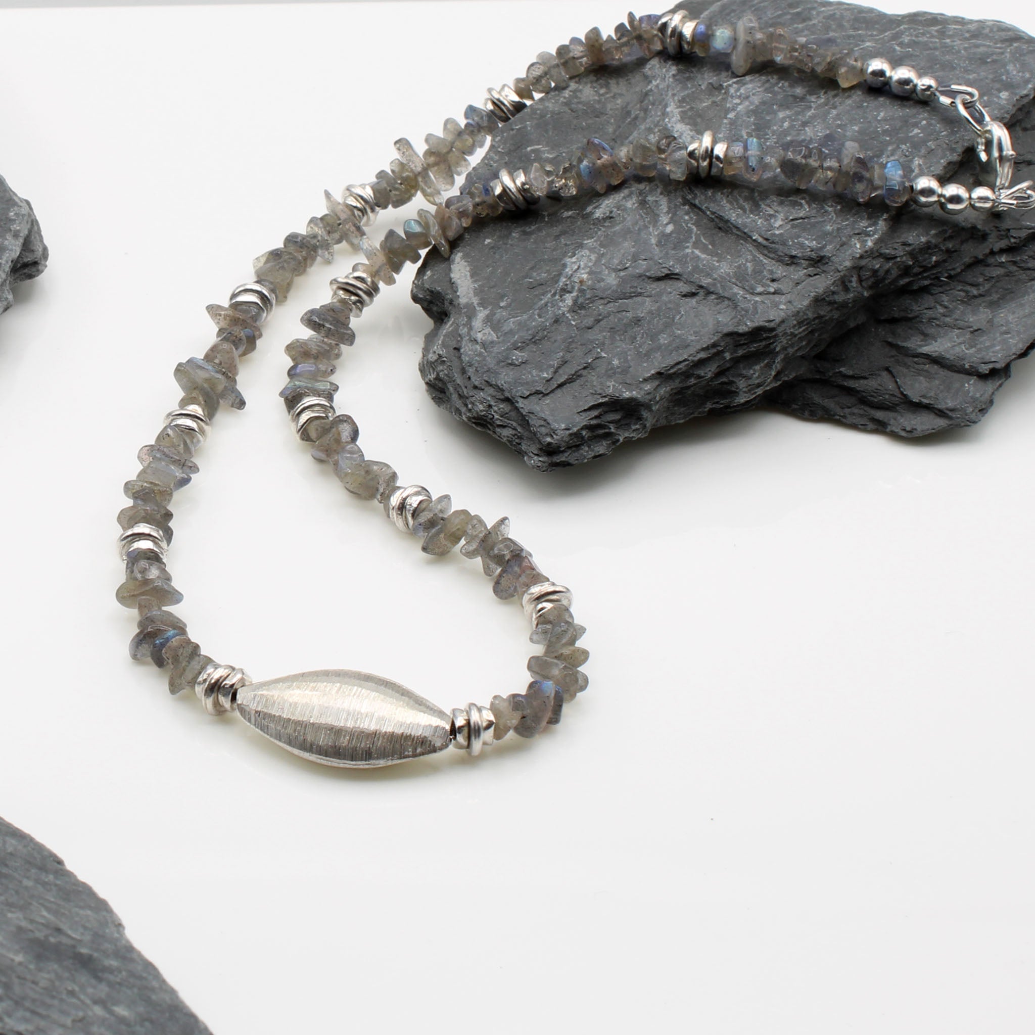 Mystic Pebbles Labradorite Necklace with fine silver faceted oval