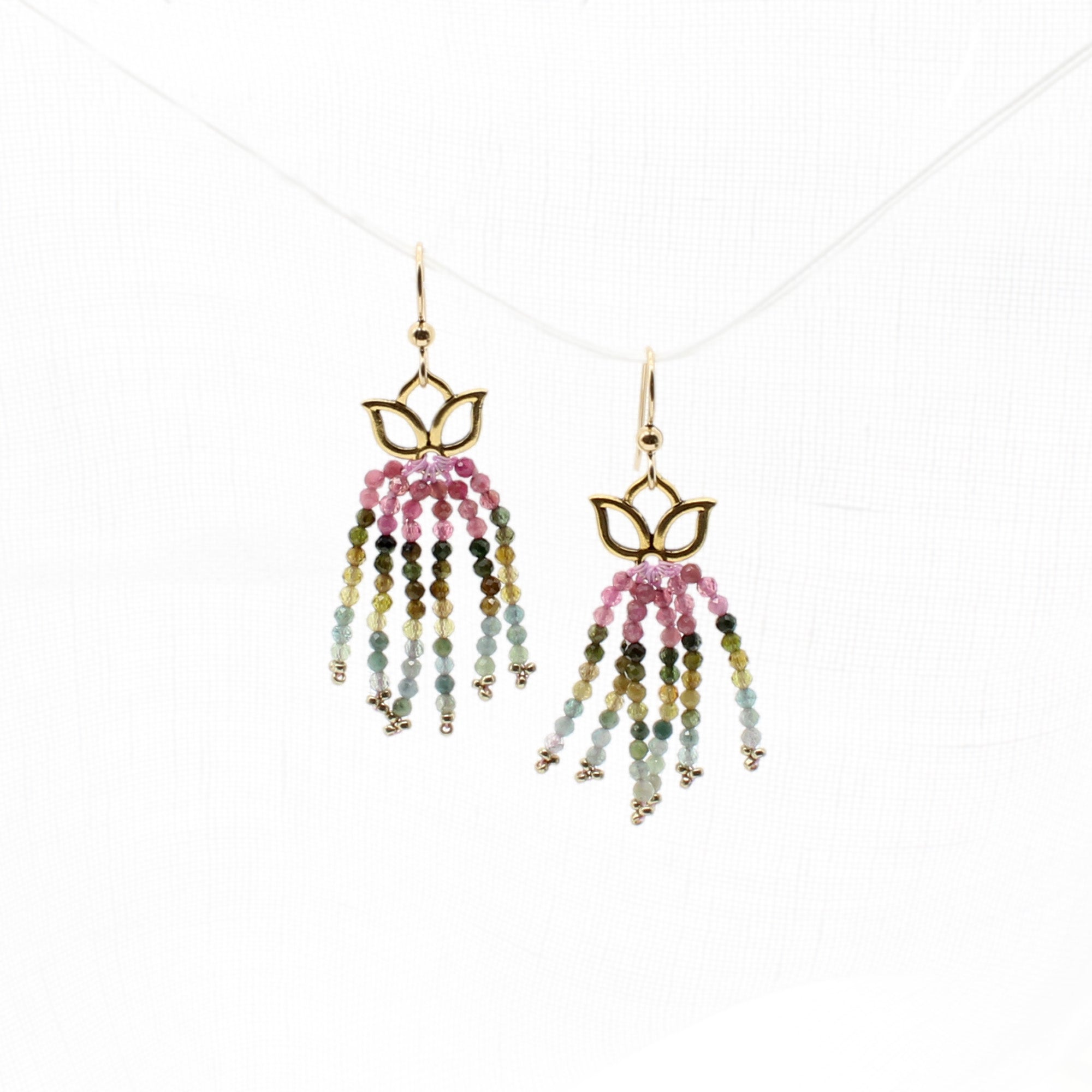 Gold Lotus with Watermelon Tourmaline Tassle Earrings