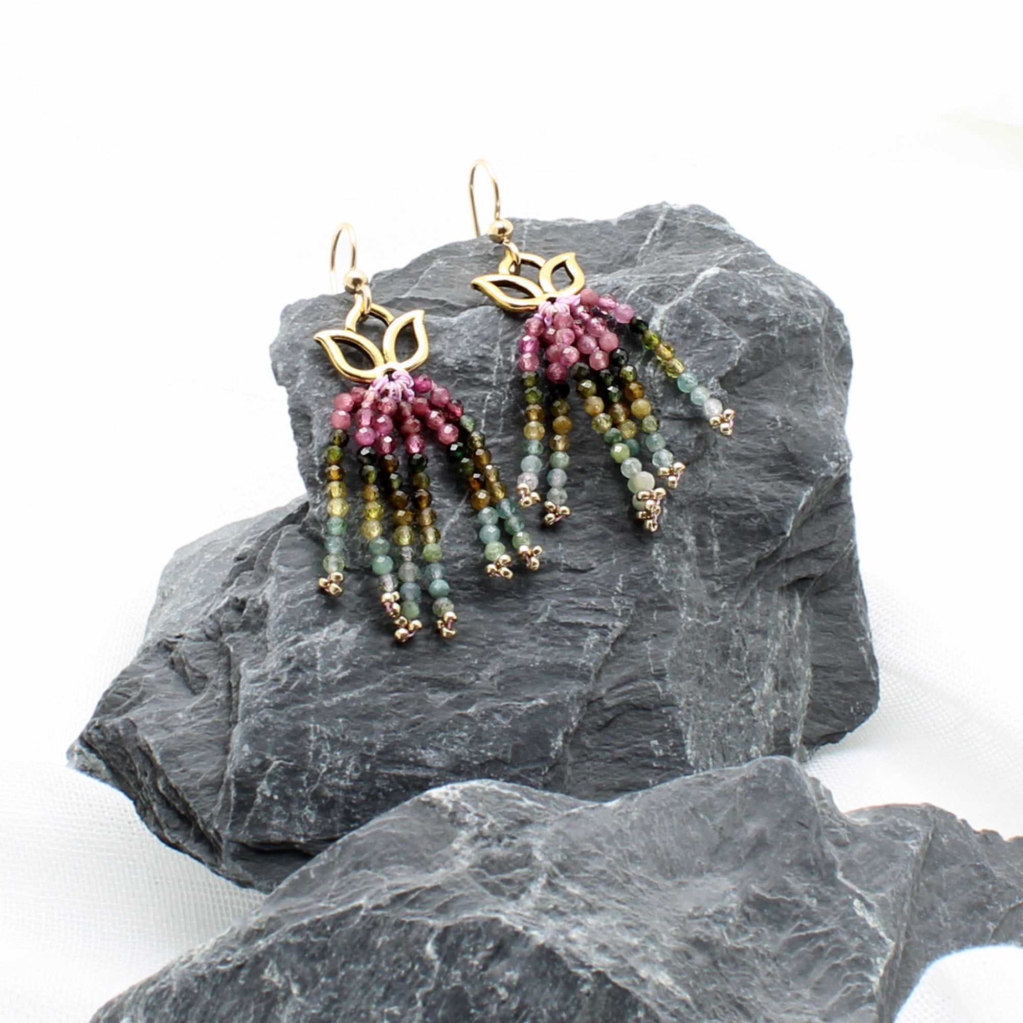 Tourmaline Tassle on Gold Lotus Earrings