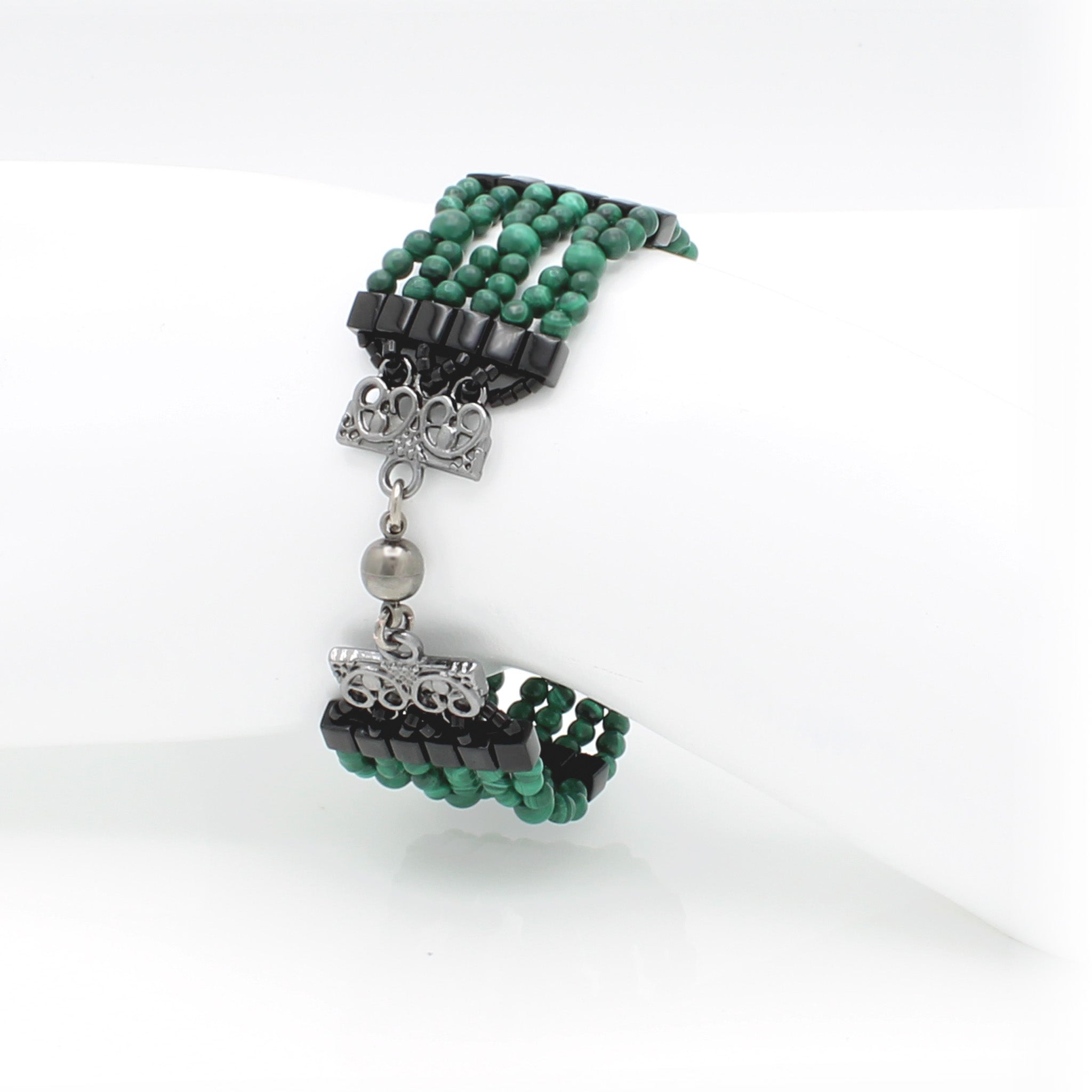 Green Malachite cuff bracelet with gunmetal finish.