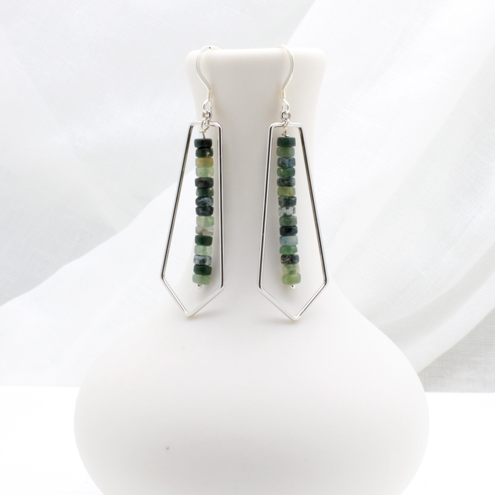 Silver Dangle Earrings with Green Moss Agate Gemstones