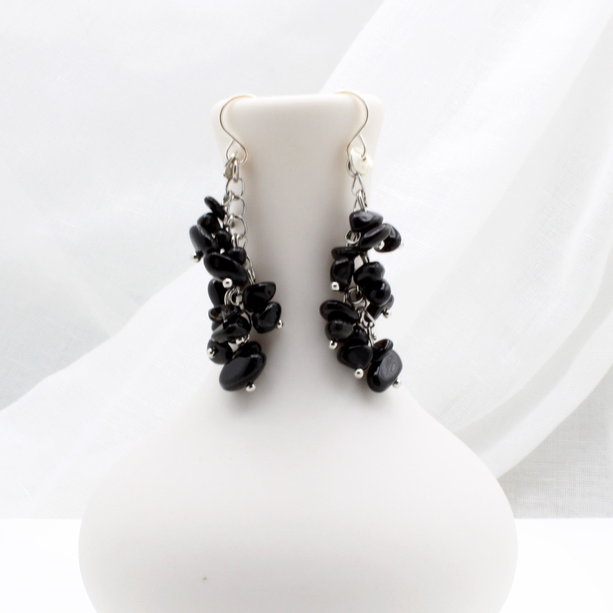 Black Obsidian pebbles on silver earrings