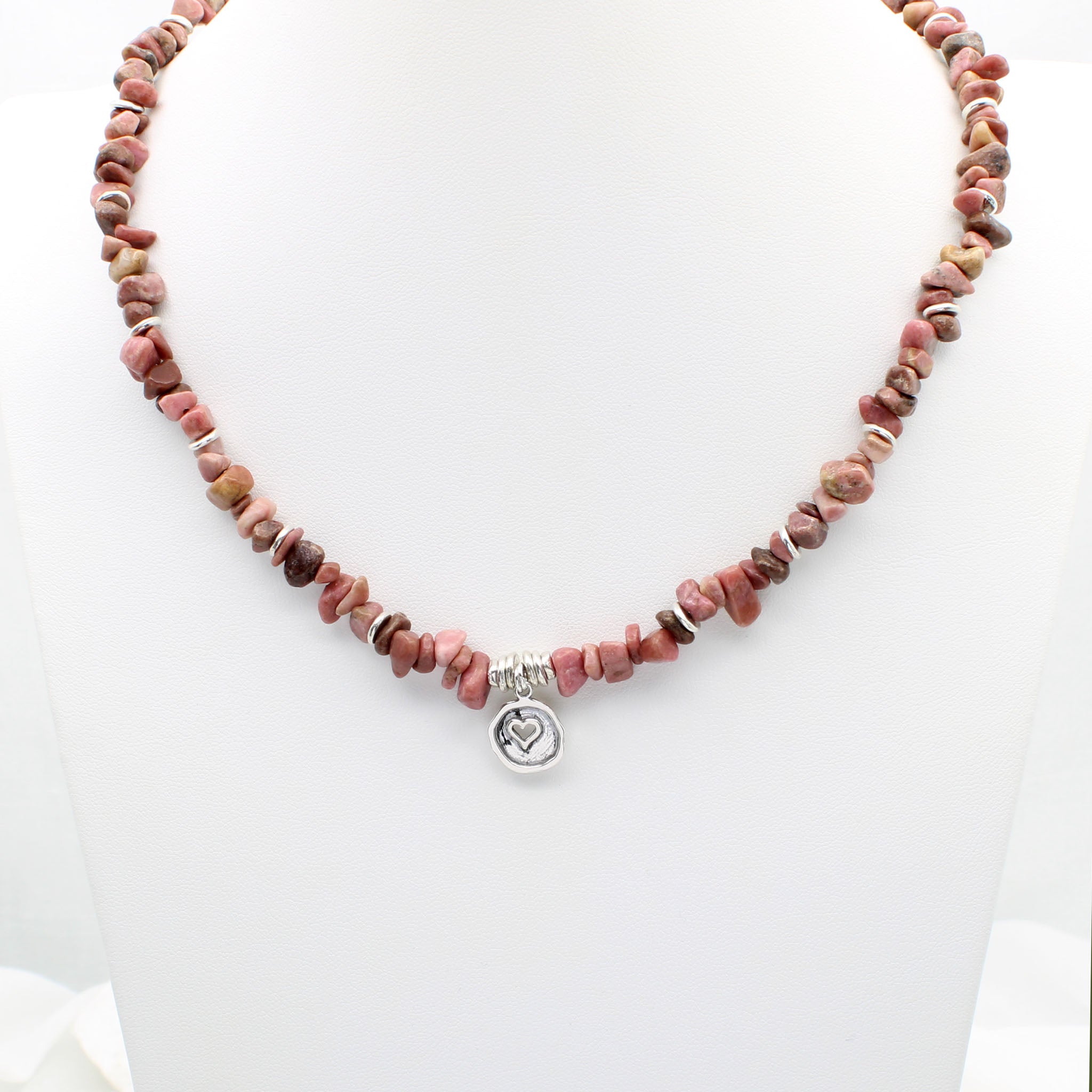 Pink Rhodonite Necklace with silver heart pendant.