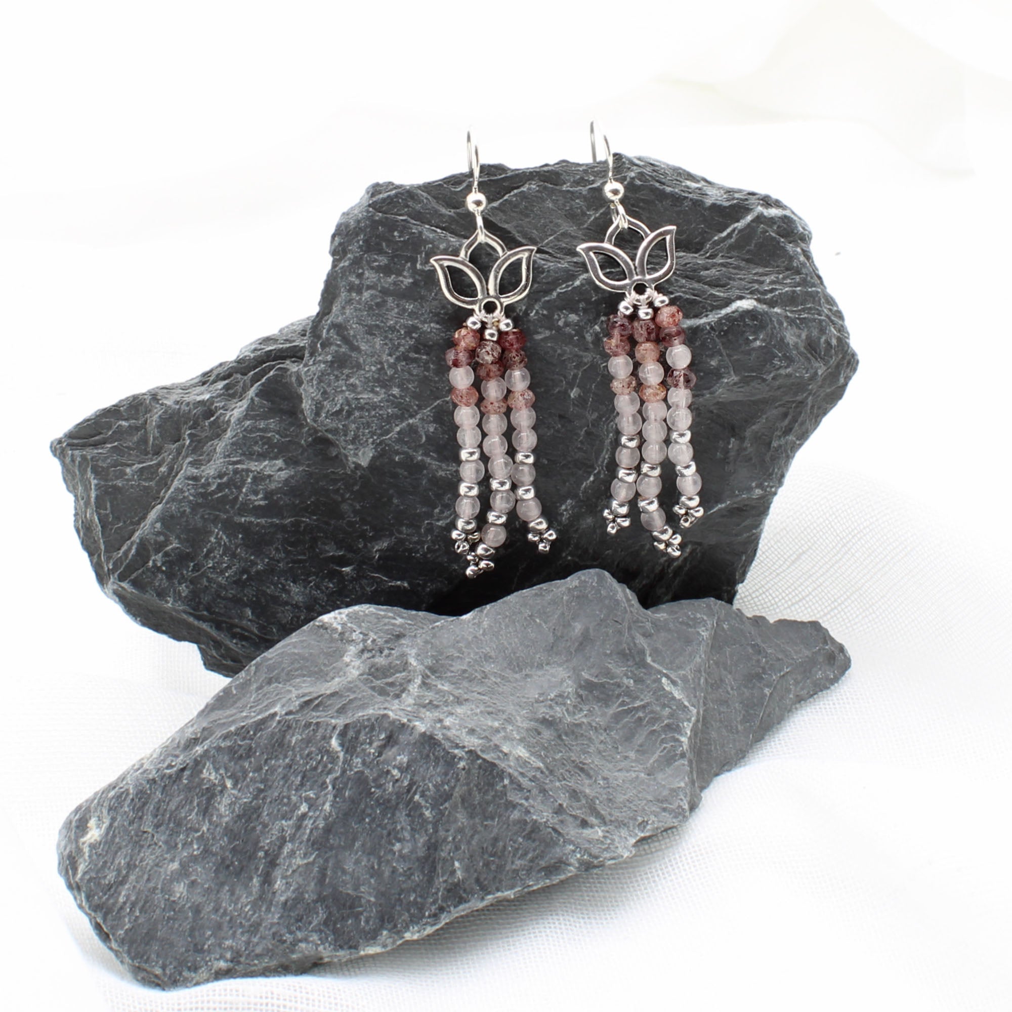 Silver Lotus with Rose Quartz fringe Earrings