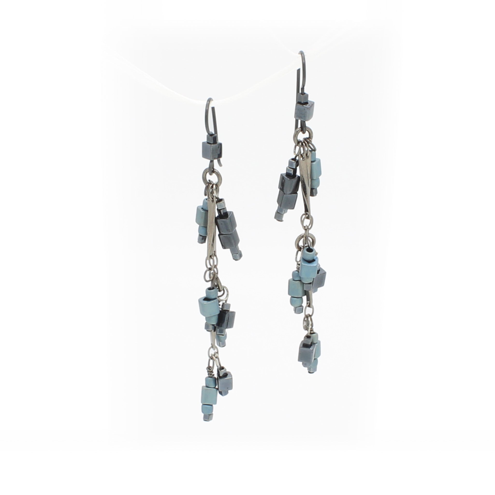 Steel Blue Cubes Dangle on gun-metal finished links, with niobium ear-wires.