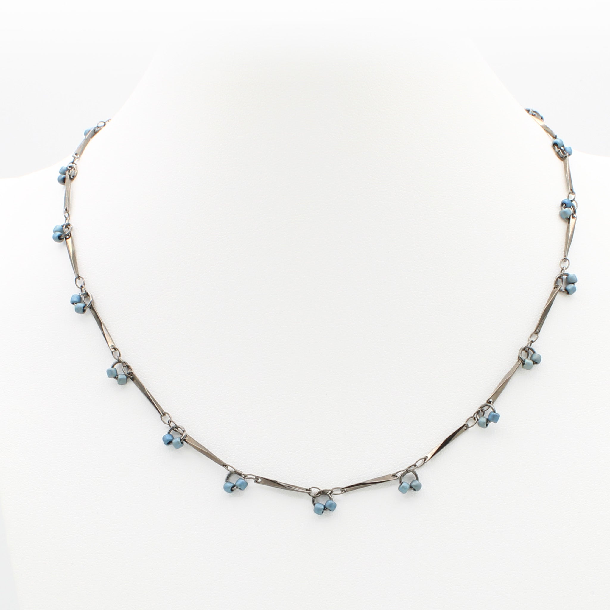 gunmetal finish chain with steel blue glass beads necklace