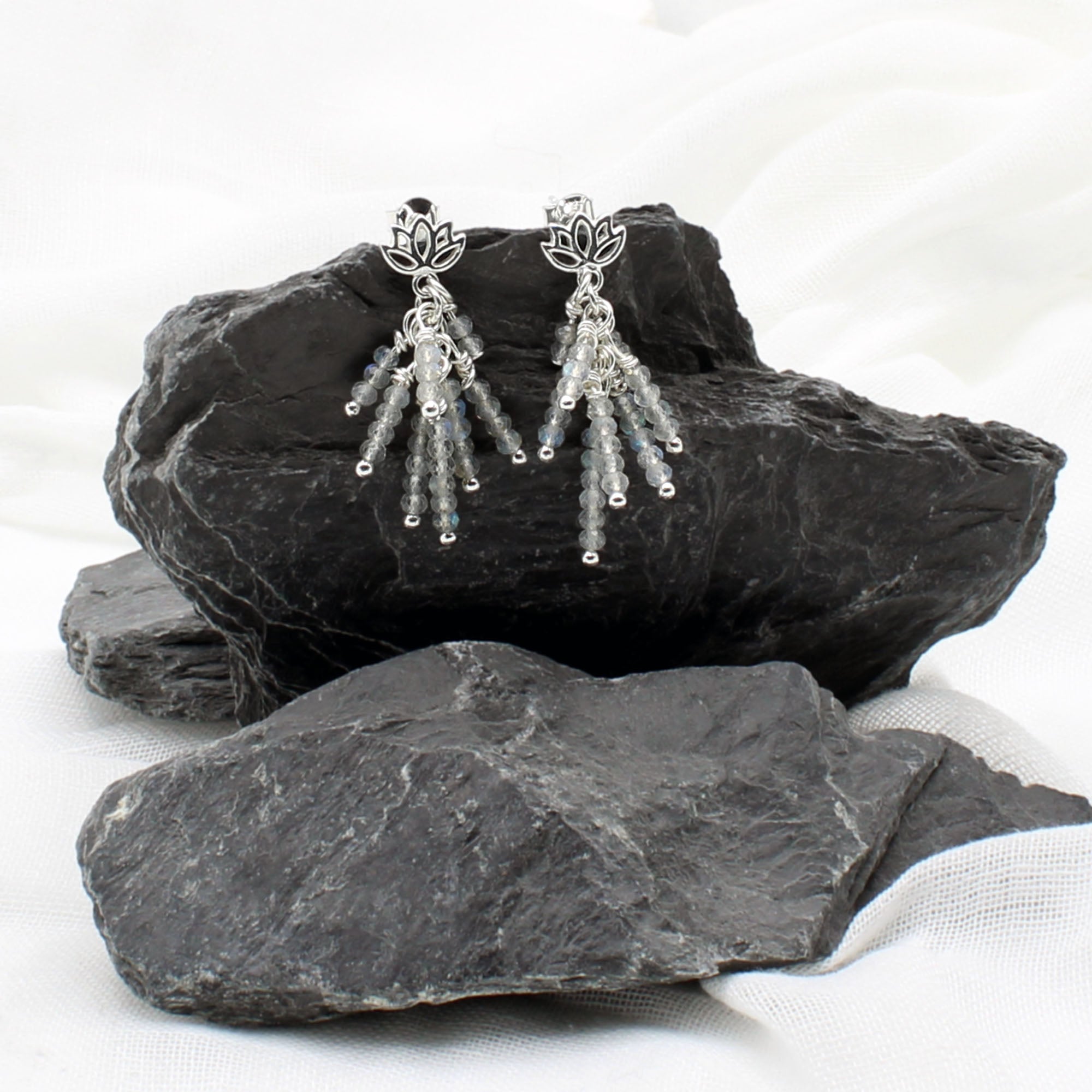 Silver Lotus Earrings with Labradorite dangles